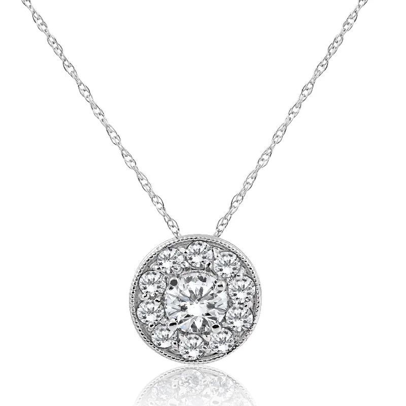 silver collar necklace for women -5/8ct Halo Diamond Solitaire Pendant White Gold Vintage