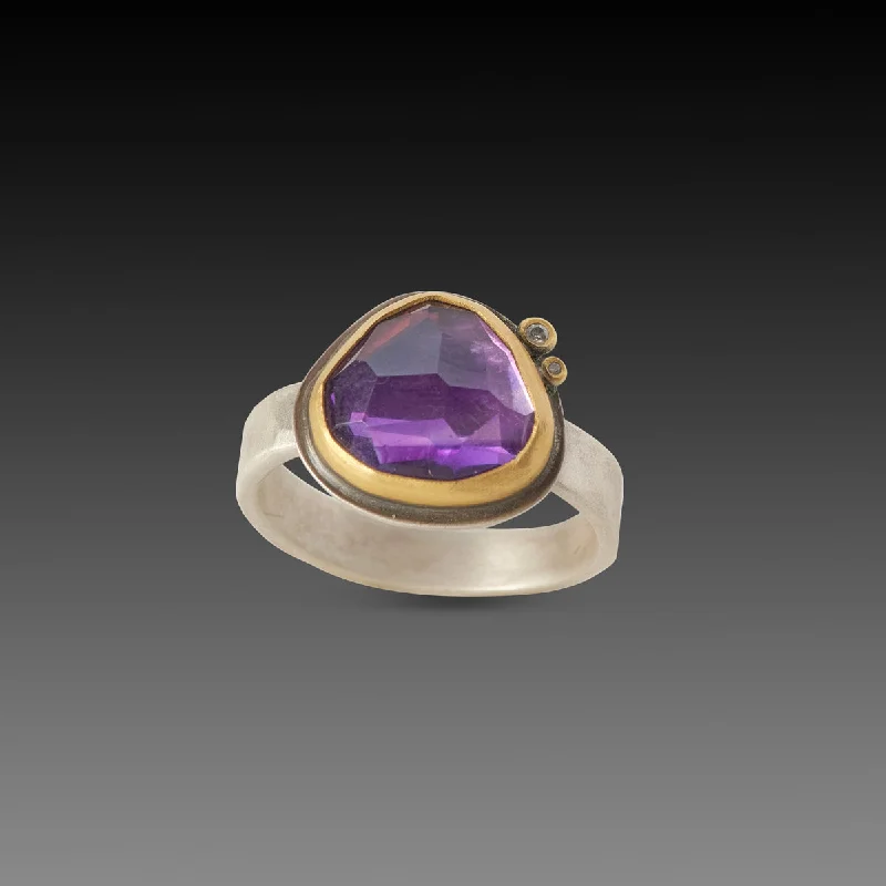 geometric silver ring -Amethyst Ring with Diamonds