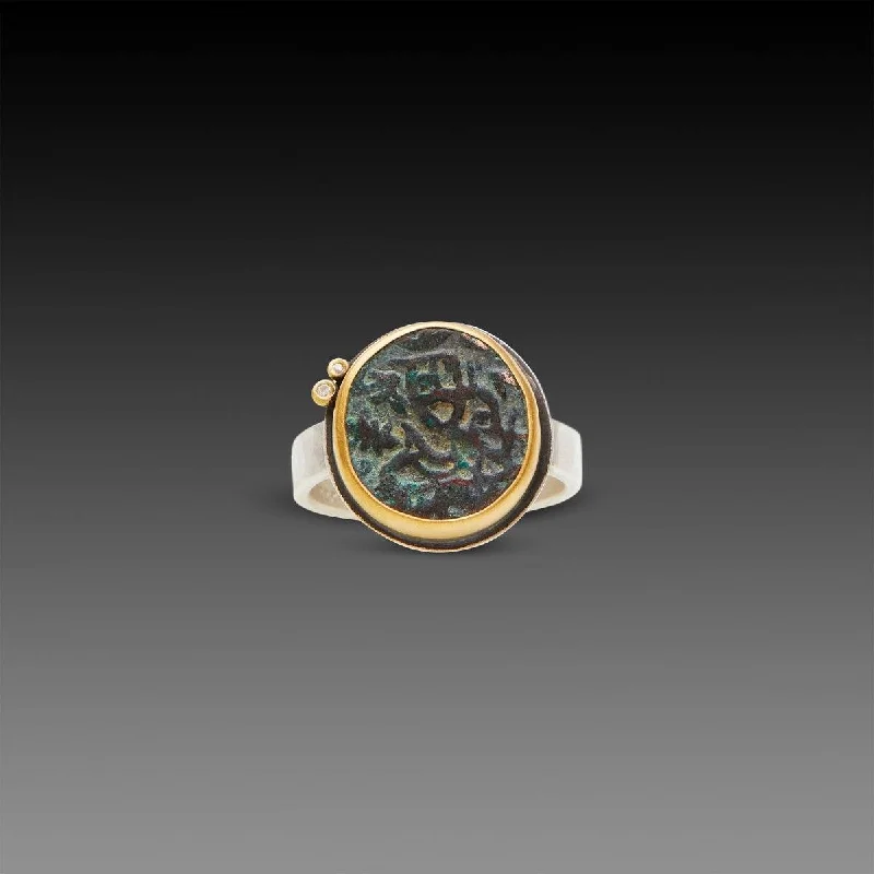 engraved anniversary ring -Ancient Indian Coin Ring with Two Diamonds