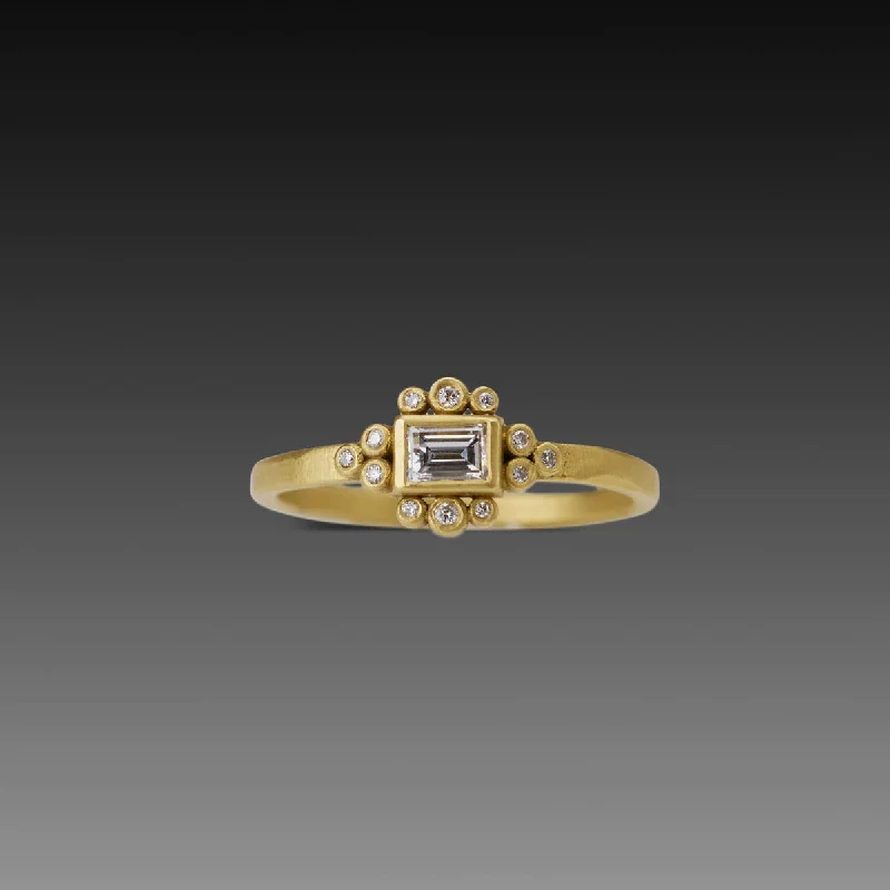 heart-shaped gold ring -Baguette Diamond Ring with Diamond Trios