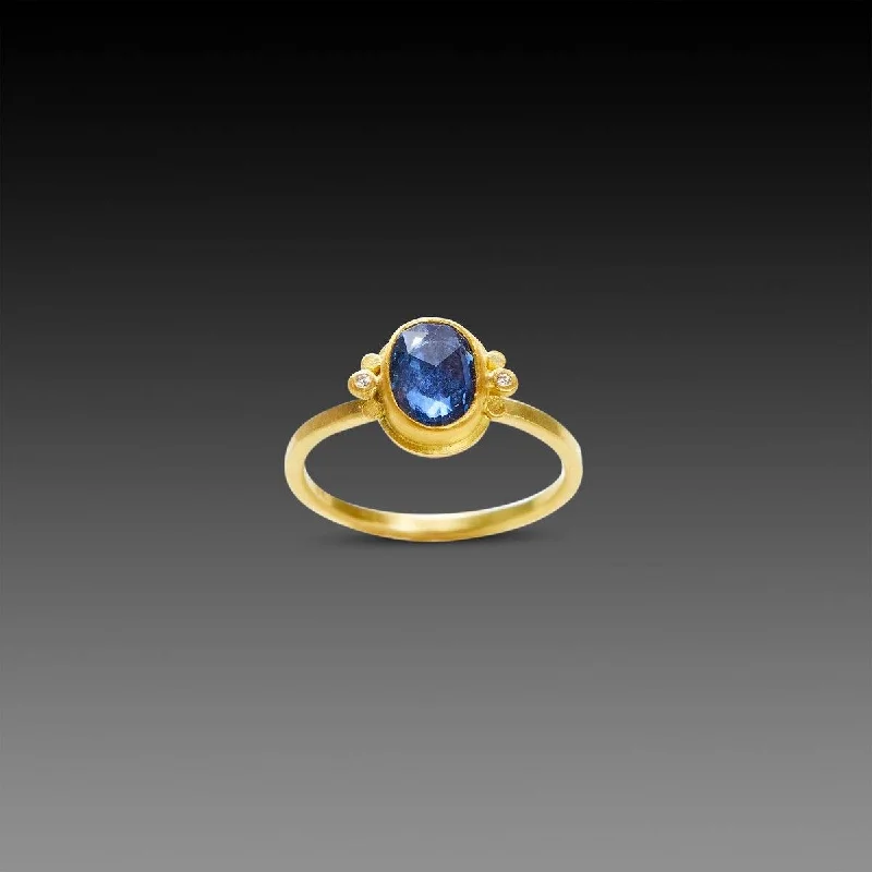 engraved family ring -Oval Blue Sapphire Ring with Diamonds