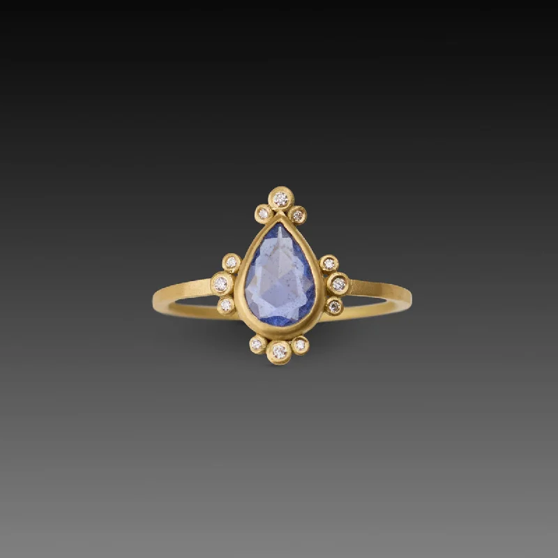 custom name ring -Blue Sapphire Teardrop Ring with Diamond Trios