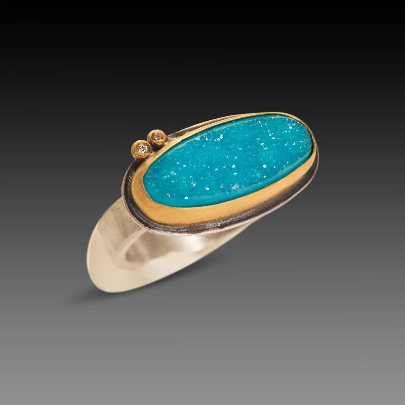 gemstone cluster ring -Chrysocolla Druzy Ring with Diamonds