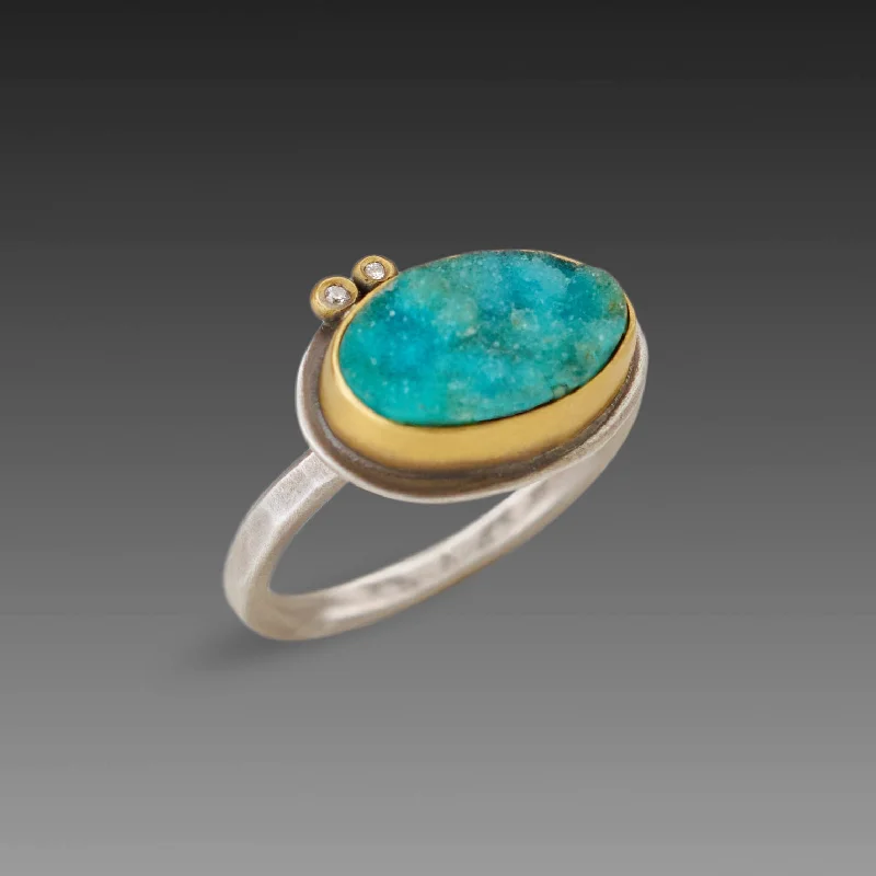 yellow gold eternity ring -Chrysocolla Druzy Ring with Two Diamonds