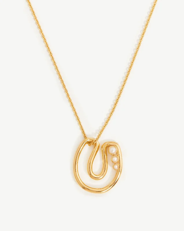 gold leaf pendant necklace -Chubby Pearl Initial Pendant Necklace  - Initial U | 18ct Gold Vermeil/Pearl