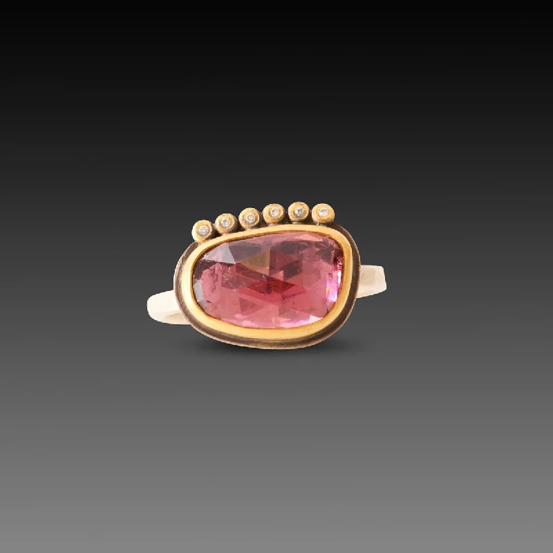 gold wedding ring for men -Pink Tourmaline Ring with Diamond Line