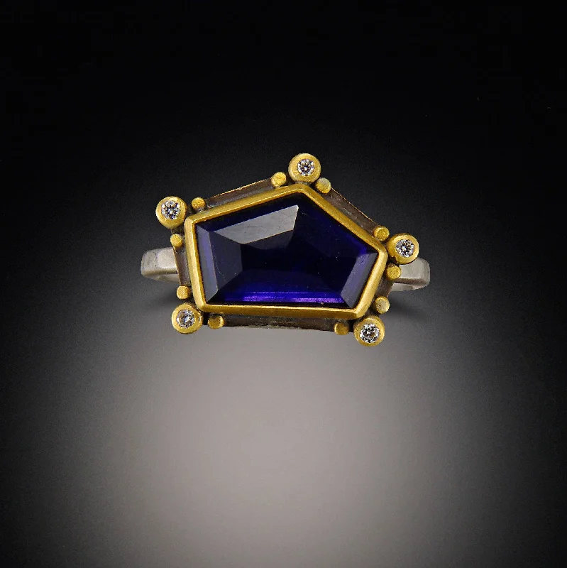 sapphire gemstone ring -Geometric Iolite Ring with Diamonds