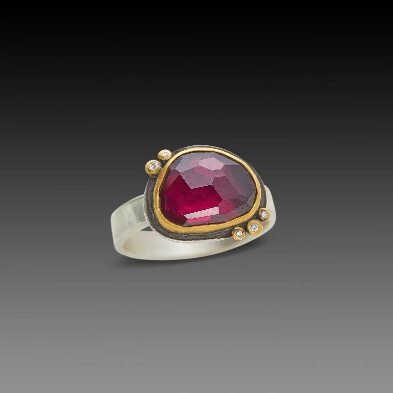 vintage style cocktail ring -Rose Cut Rhodolite Garnet Ring with Five Diamonds