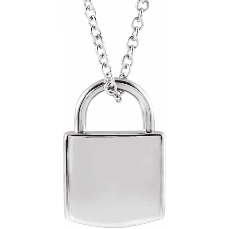 modern geometric pendant necklace -Curata 14k White Gold 12.02x8mm Engravable Polished Lock 16-18" Necklace