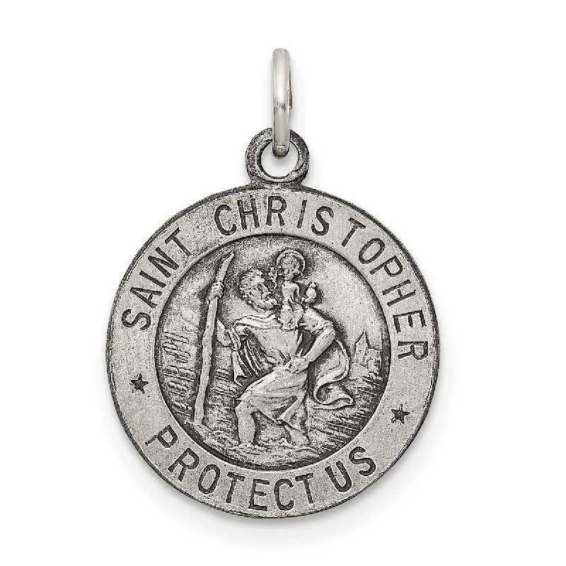 custom letter charm necklace -Curata 925 Sterling Silver 18" Antiqued Round St. Christopher Medal Necklace