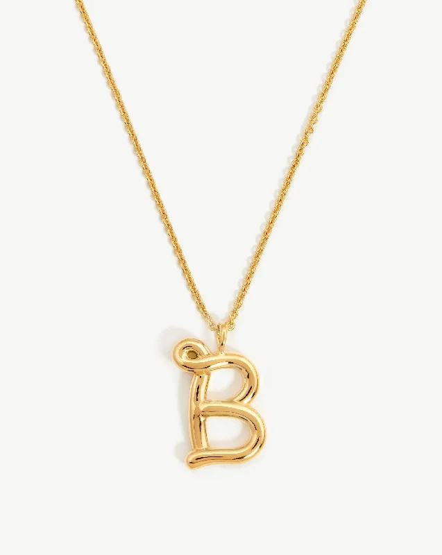 sterling silver heart necklace -Curly Molten Initial Pendant Necklace - Initial B | 18ct Gold Vermeil