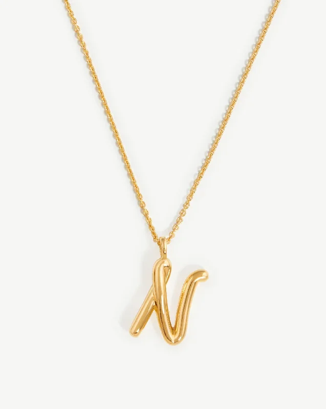 men’s dog tag necklace -Curly Molten Initial Pendant Necklace - Initial N | 18ct Gold Vermeil