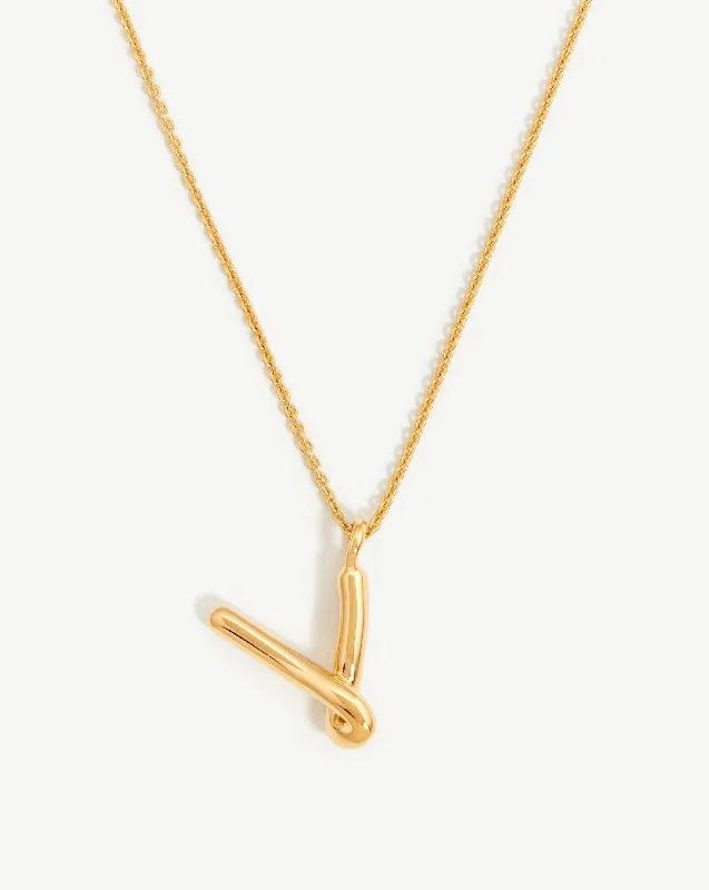 zodiac sign necklace -Curly Molten Initial Pendant Necklace - Initial V | 18ct Gold Vermeil