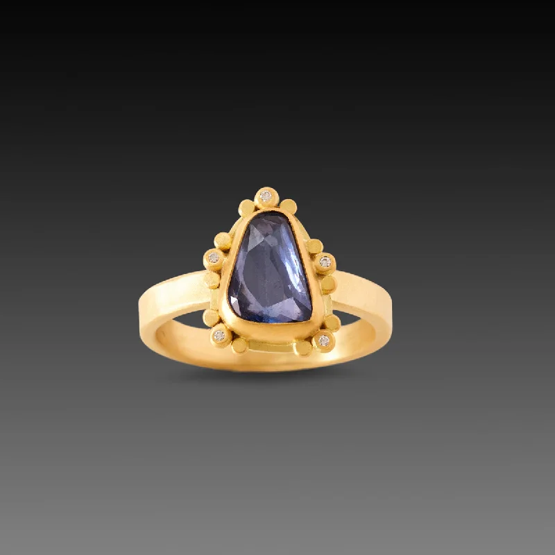 minimalist diamond band ring -Deep Blue Sapphire Ring with Diamond Trios