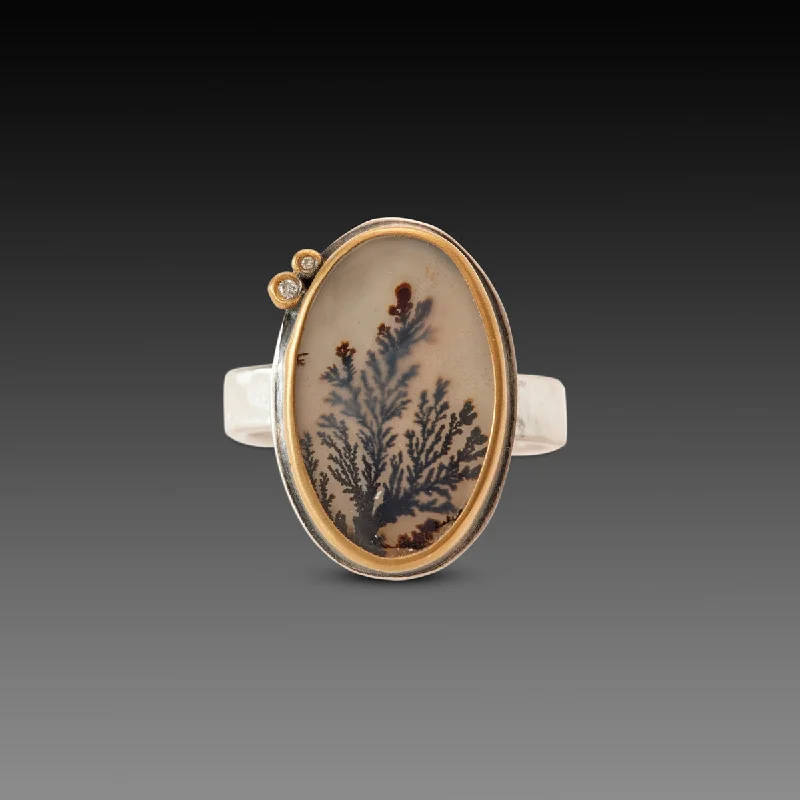 men’s skull ring -Dendritic Agate Ring with Diamonds