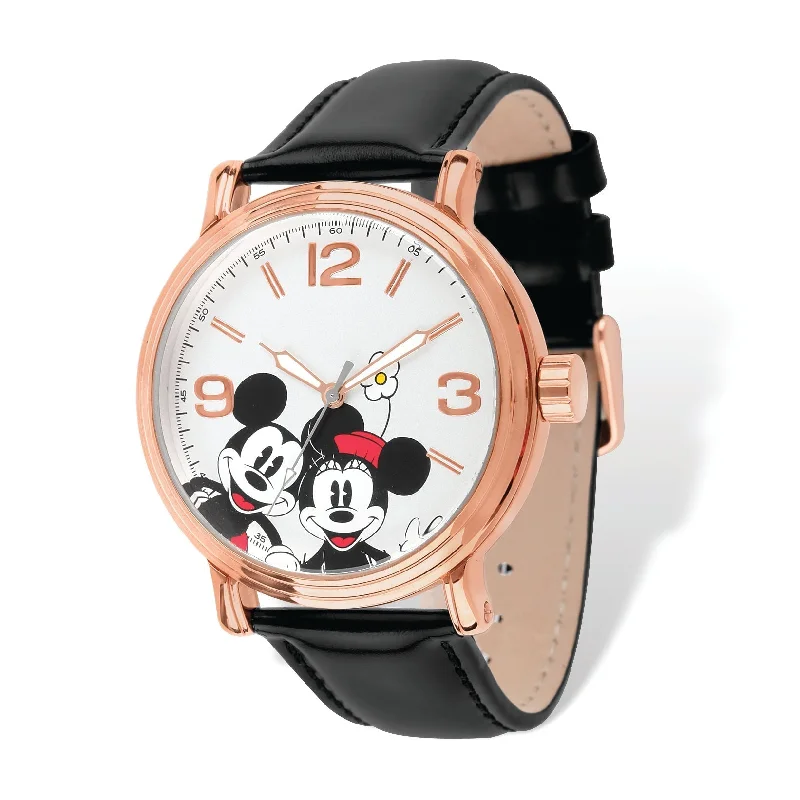 butterfly charm necklace -Disney Adult Size Rose-Tone Black Leather Mickey Mouse Watch