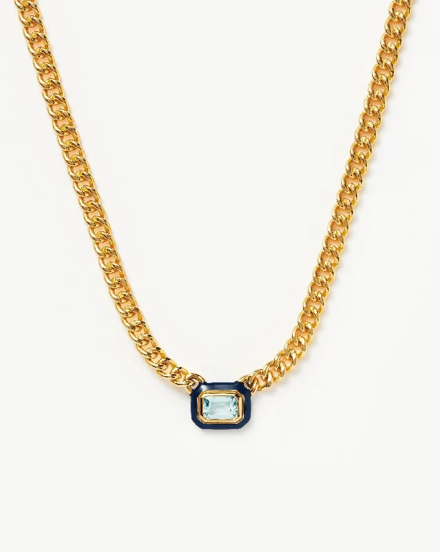 hammered gold pendant necklace -Enamel & Stone Floating Pendant Chain Necklace | 18ct Gold Plated/Blue Cubic Zirconia