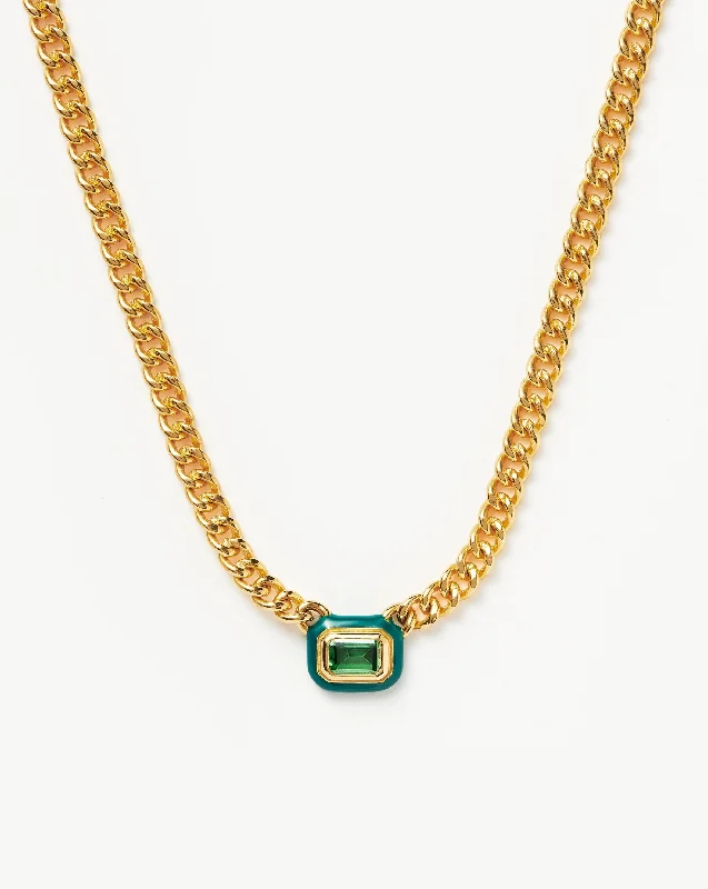 long gold necklace with pendant -Enamel & Stone Floating Pendant Chain Necklace | 18ct Gold Plated/Green Cubic Zirconia