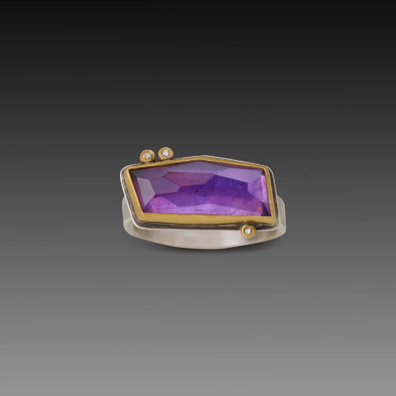 simple gemstone engagement ring -Geometric Amethyst Ring with Three Diamonds