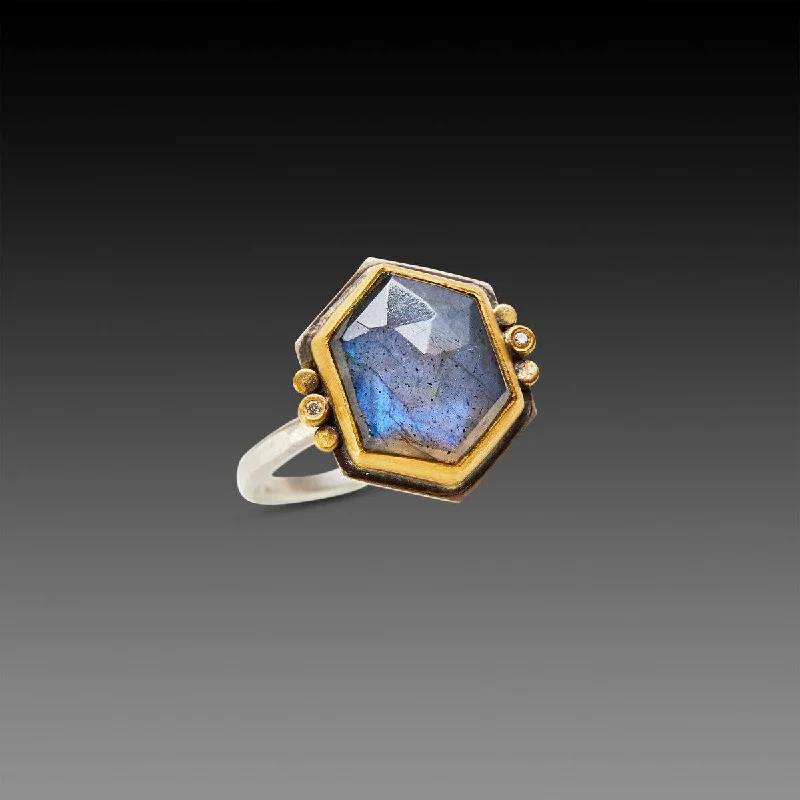 opal and silver ring -Geometric Labradorite Ring with Diamonds