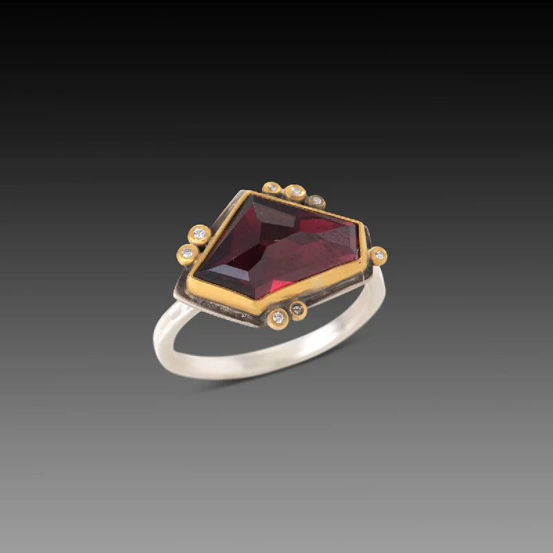 luxury diamond solitaire ring -Geometric Rhodolite Garnet Ring with Diamonds