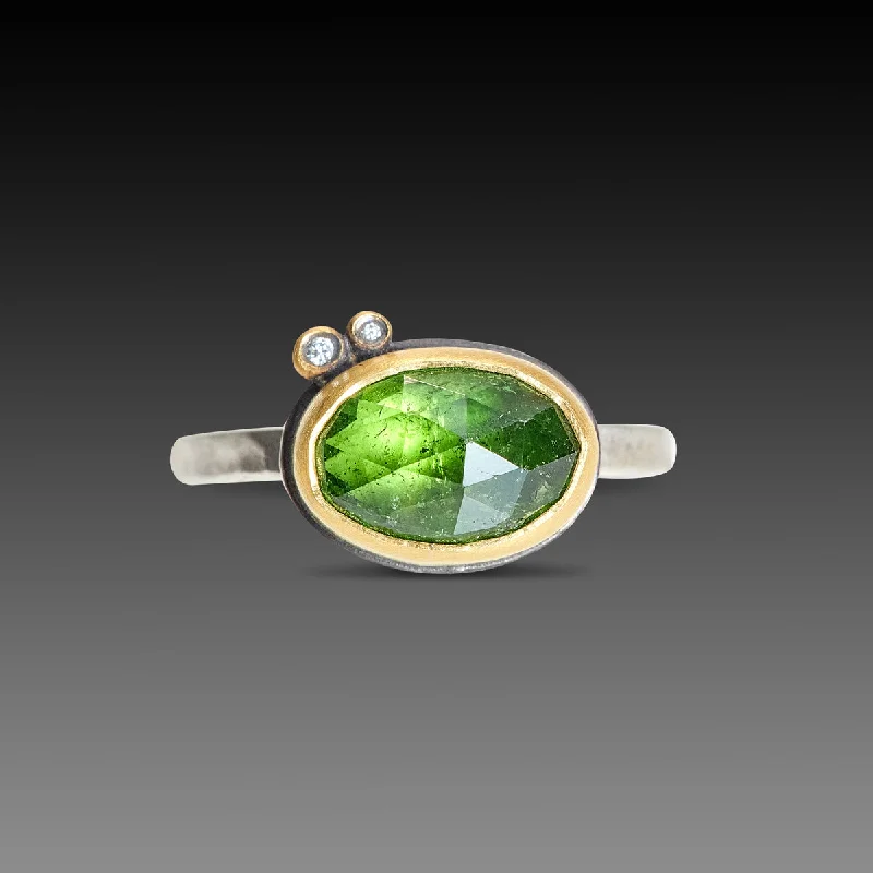 gemstone cocktail ring for women -Green Tourmaline Ring with Diamonds