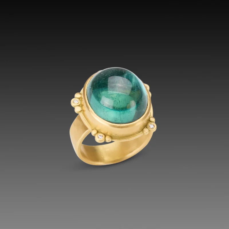 custom engraved gold ring -Blue - Green Tourmaline Statement Ring