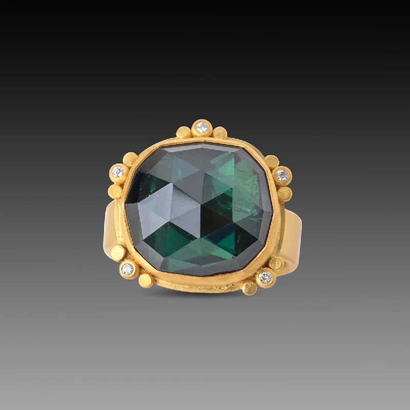 silver and gold stacking rings -Green Tourmaline Ring with Gold Trios