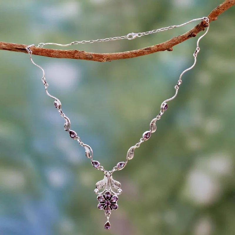 modern geometric pendant necklace -Handmade Sterling Silver 'Blossoming Love' Amethyst Necklace (India)