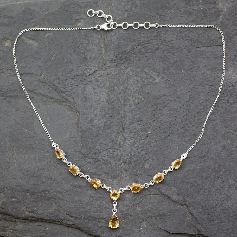 gold chain necklace with charms -Handmade Sterling Silver 'Golden Princess' Citrine Necklace (India) - 7'6" x 9'6"