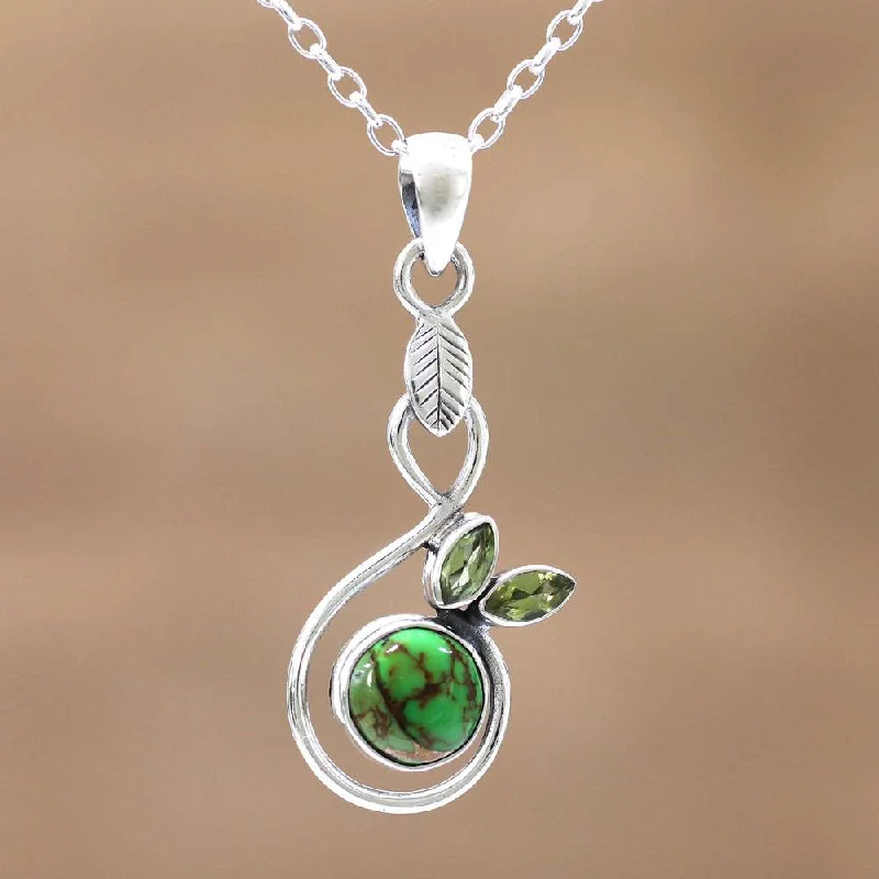 floral pendant necklace -Handmade Sterling Silver 'Spring Beauty' Peridot Turquoise Necklace (India)