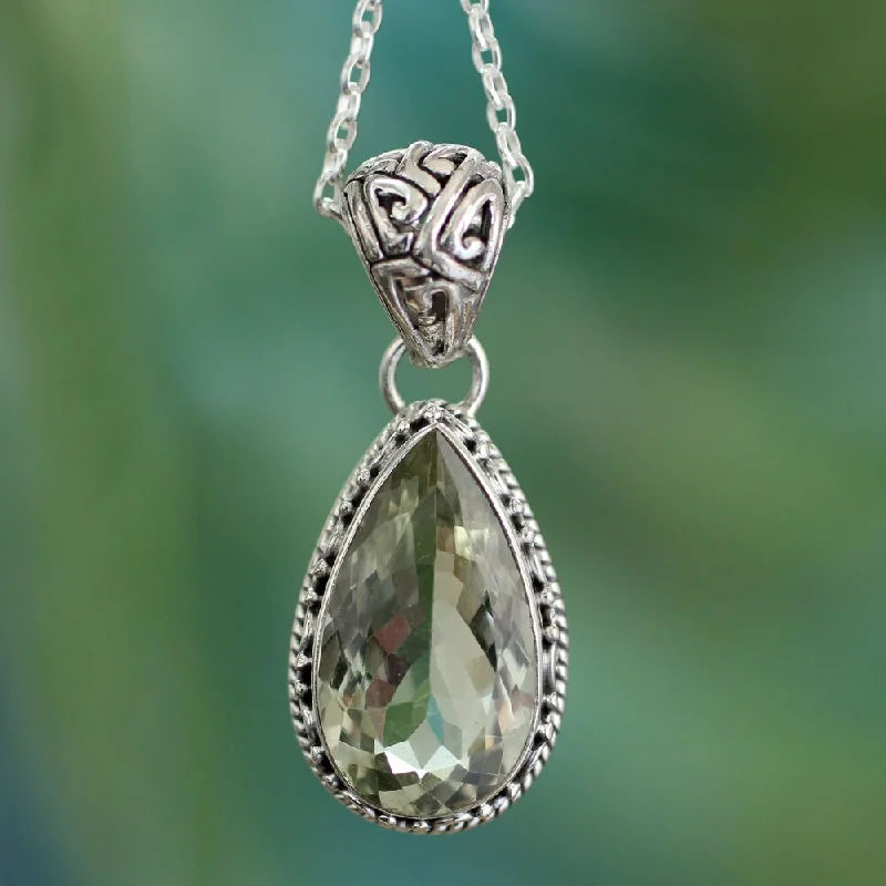 statement choker necklace -Handmade Verdant Mist 18 Carat Green Teardrop Prasiolite Quartz Set in 925 Sterling Silver Ornate Bail Pendant Necklace (India)