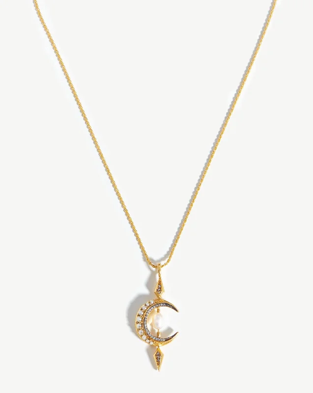 custom engraved couple necklace -Harris Reed Crescent Moon Pearl Necklace | 18ct Gold Vermeil/Pearl