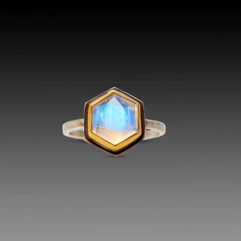 pear-shaped diamond ring -Hexagon Rainbow Moonstone Ring