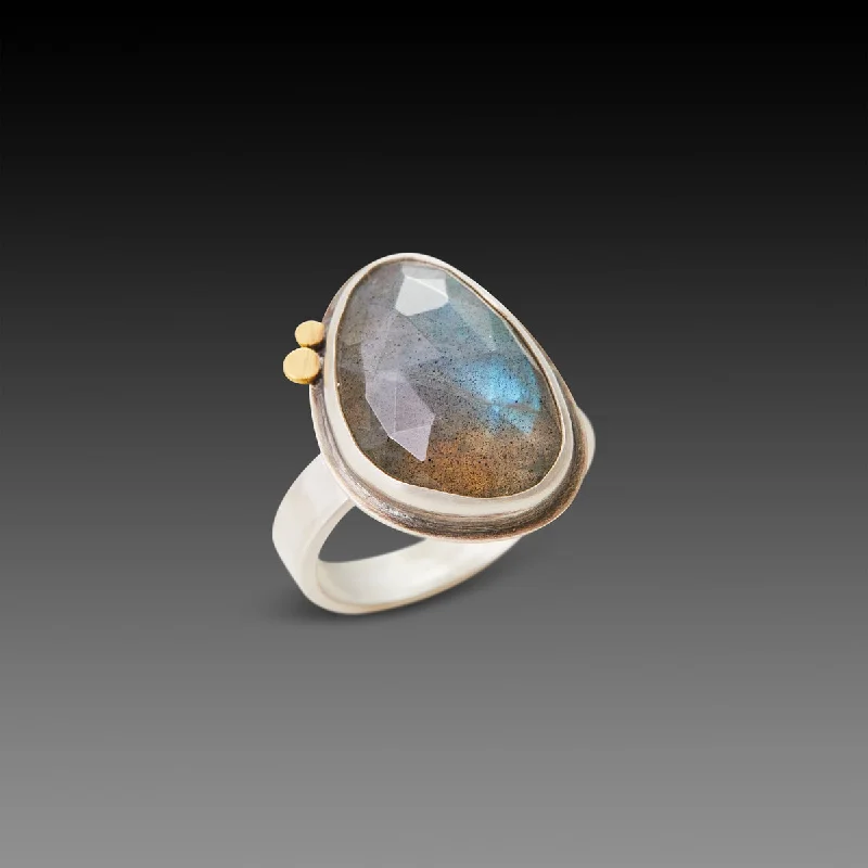 simple gold band ring -Labradorite Ring with Gold Dots