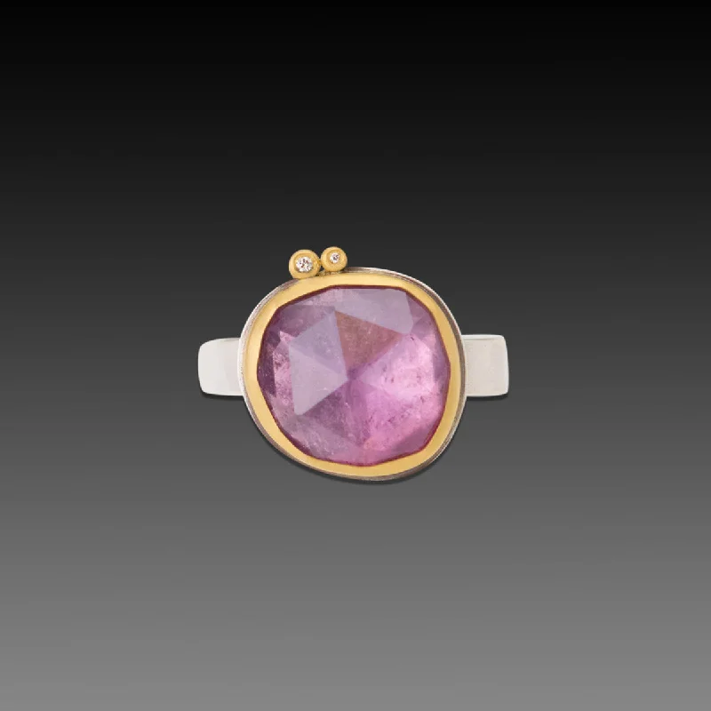 minimalist diamond band ring -Lavender-Pink Tourmaline Ring with Diamonds