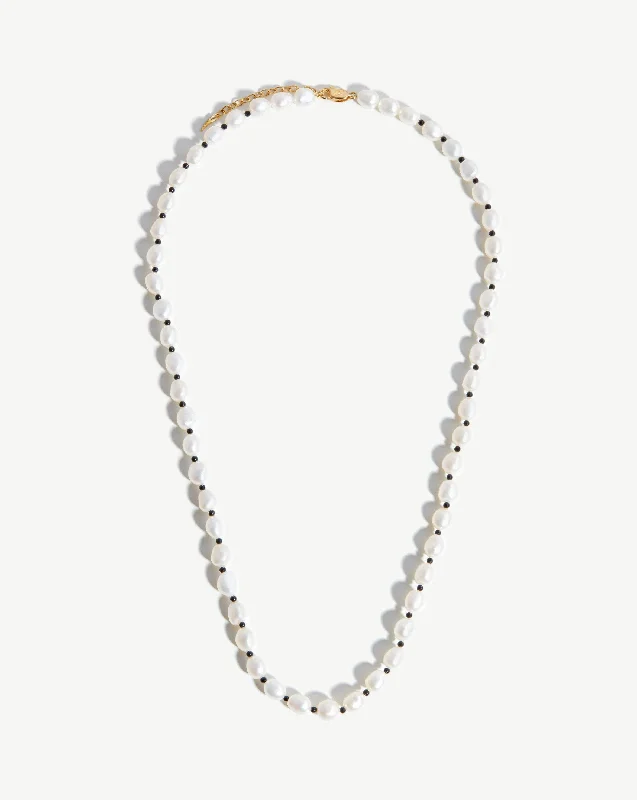 diamond tennis necklace -Long Pearl Beaded Gemstone Necklace | 18ct Gold Plated/Pearl & Black Onyx