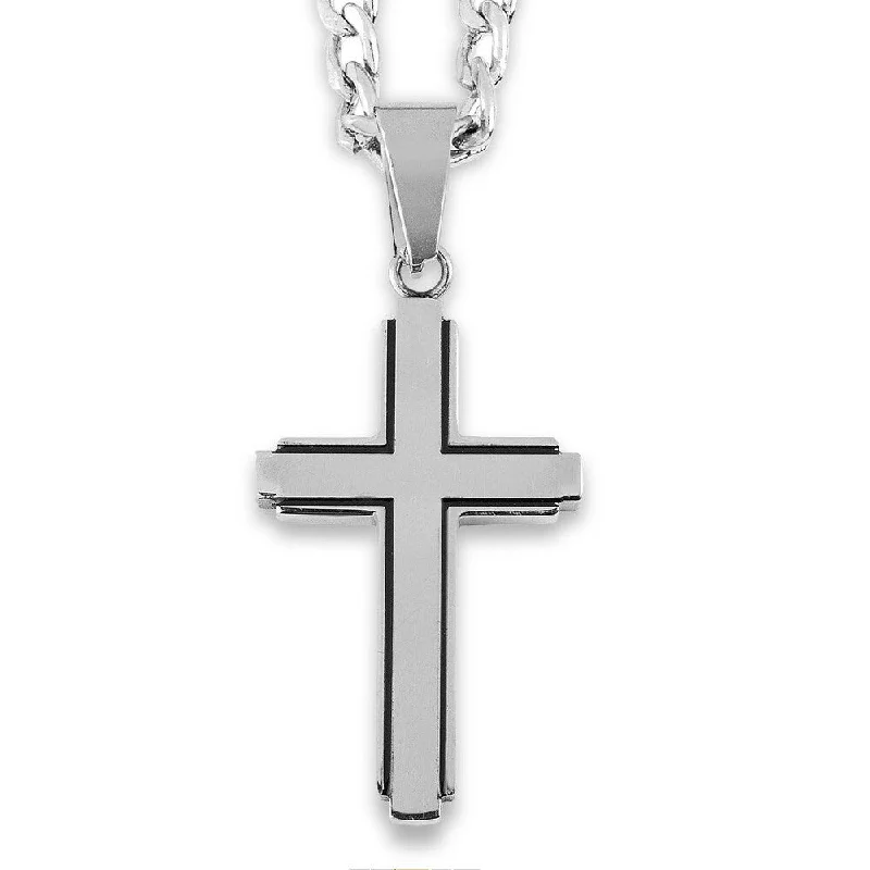 pearl necklace for brides -Men's Black Inlay Cut-Out Cross Stainless Steel Pendant