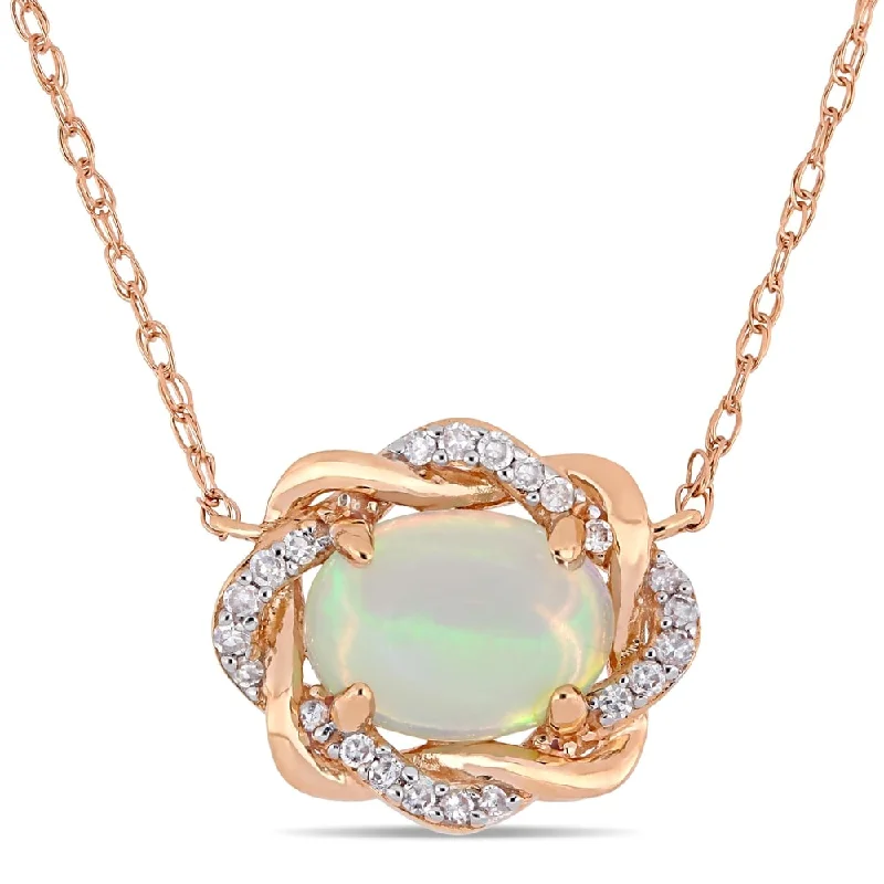 butterfly shaped pendant necklace -Miadora 10k Rose Gold Blue Ethiopian Opal 1/10ct TDW Diamond Halo Necklace