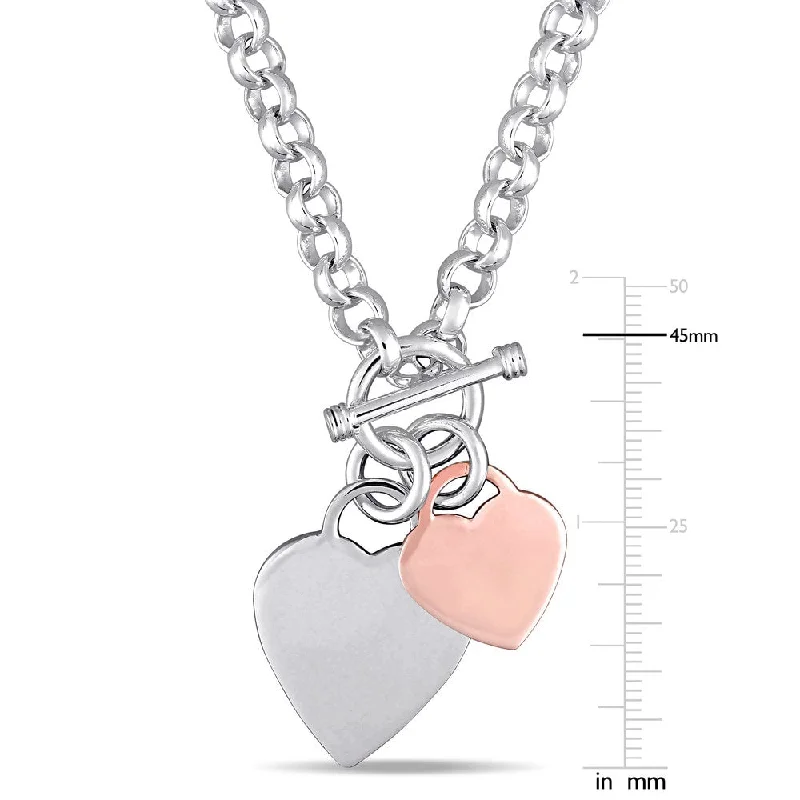 hammered gold pendant necklace -Miadora 2-Tone White and Rose Plated Sterling Silver Double Heart Charm Necklace