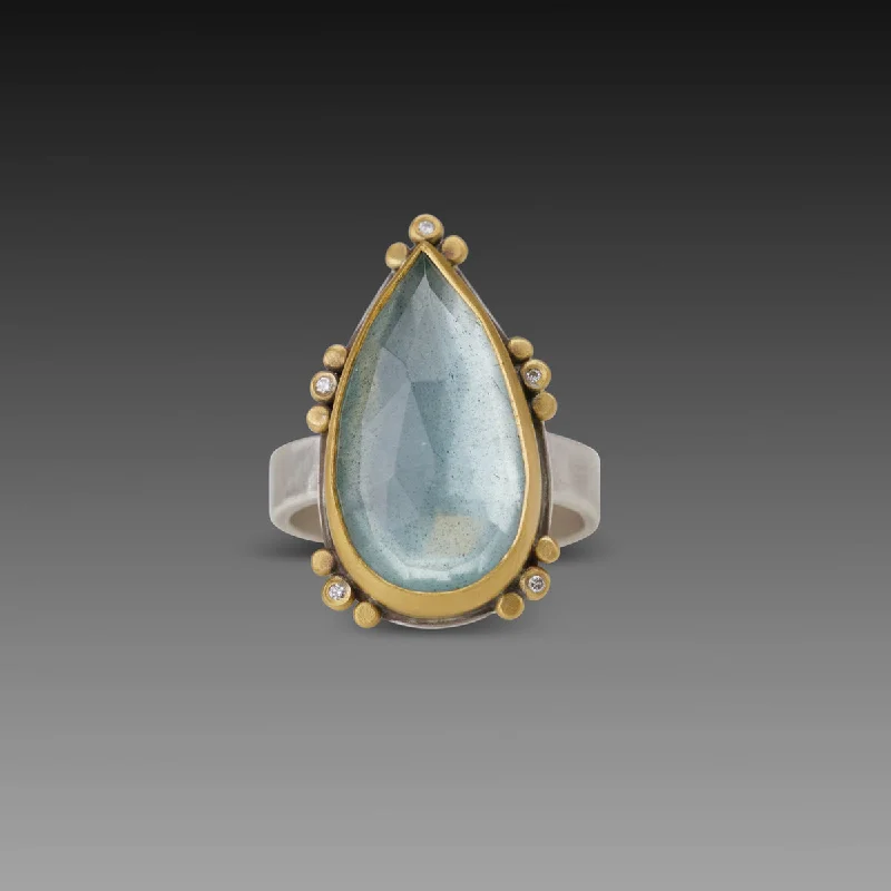 silver moonstone ring -Moss Aquamarine Teardrop Ring