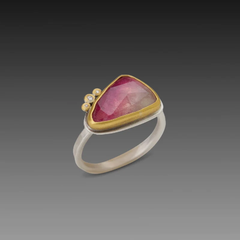 vintage style wedding ring -Ombre Pink Tourmaline Ring with Three Diamonds