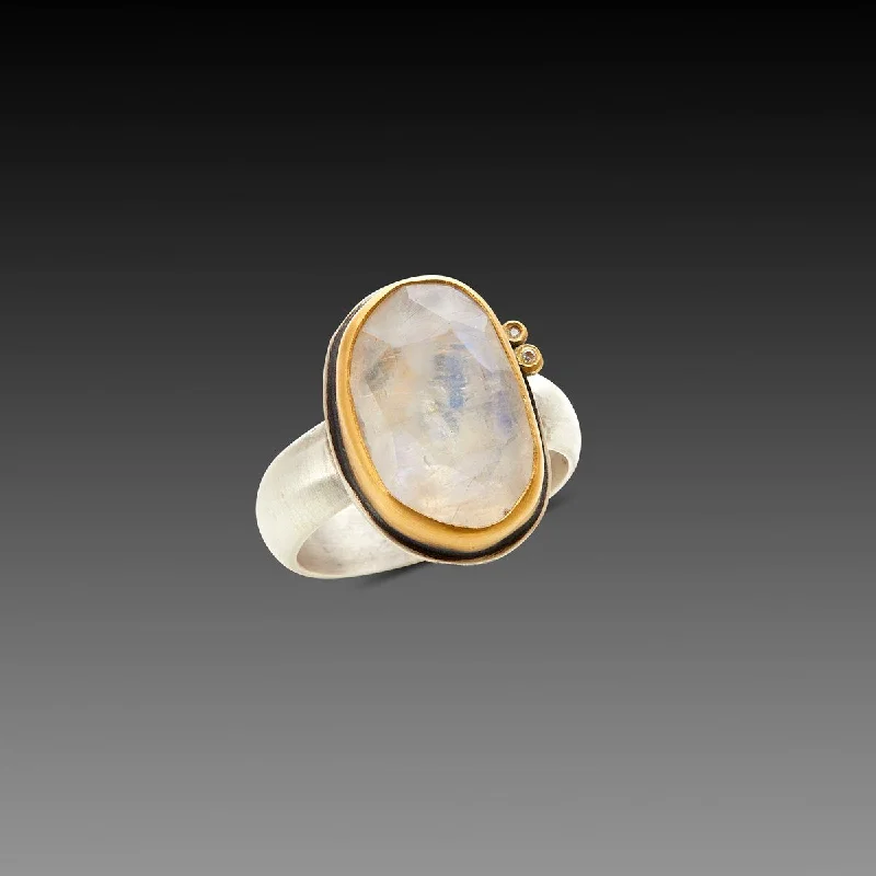 silver heart ring for women -Organic Rainbow Moonstone Ring with Diamonds