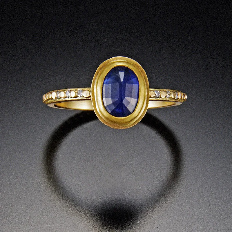 pear-shaped diamond ring -Oval Blue Sapphire Ring with Diamond Band