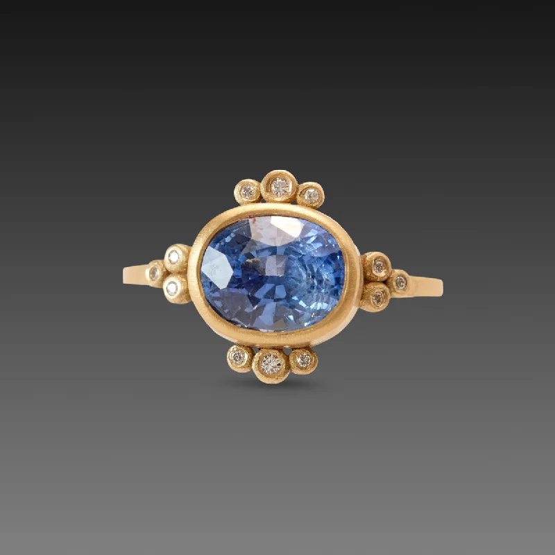 handmade gemstone ring -Oval Sapphire Ring with Diamond Trios