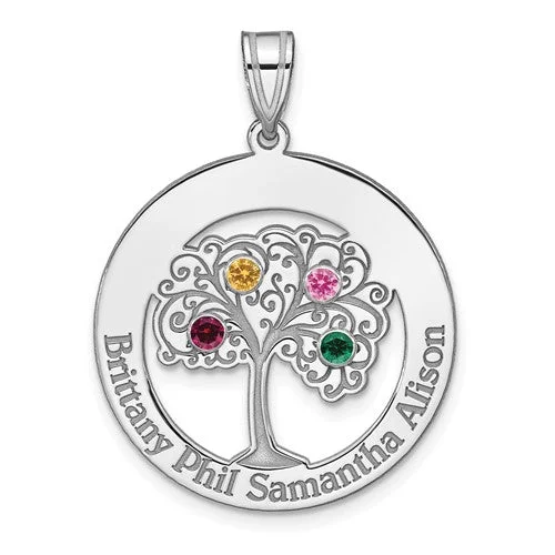 silver collar necklace for women -Sterling Silver Engraved Crystal Birthstone Family Tree Pendant