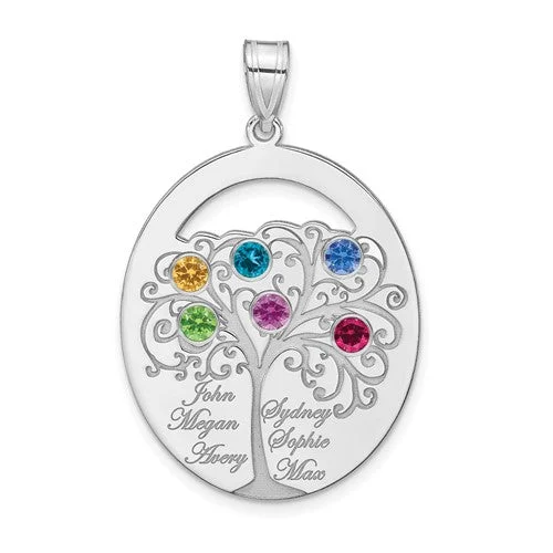 handmade gemstone necklace -Sterling Silver Engraved Names Oval Family Birthstone Tree Pendant