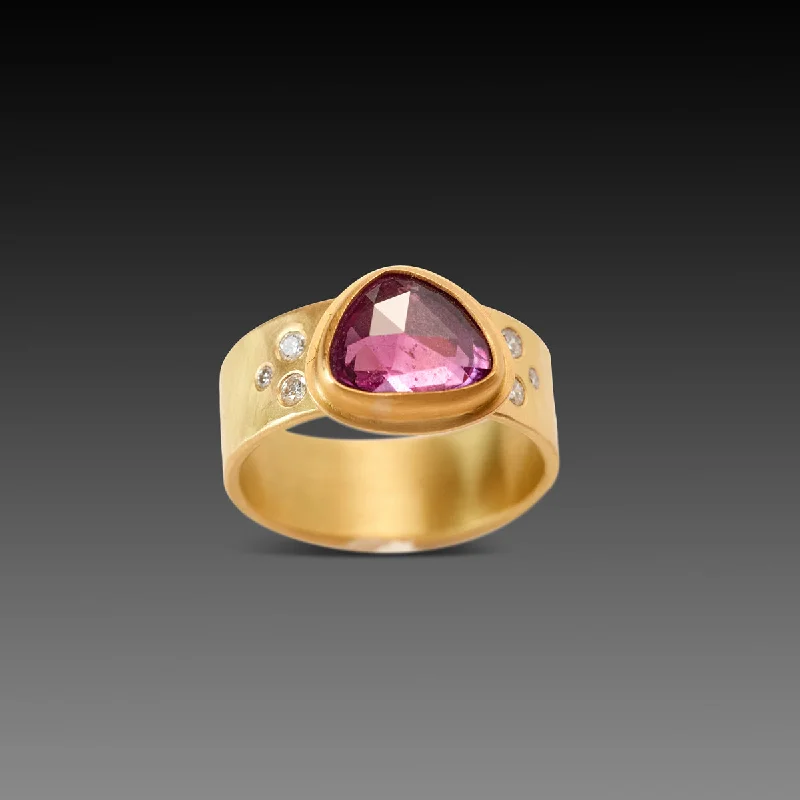 wide band silver ring -Pink Sapphire Ring with Diamond Trios