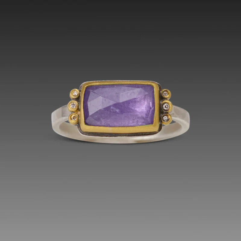 engraved family ring -Rectangular Tanzanite Ring with Diamond Trios