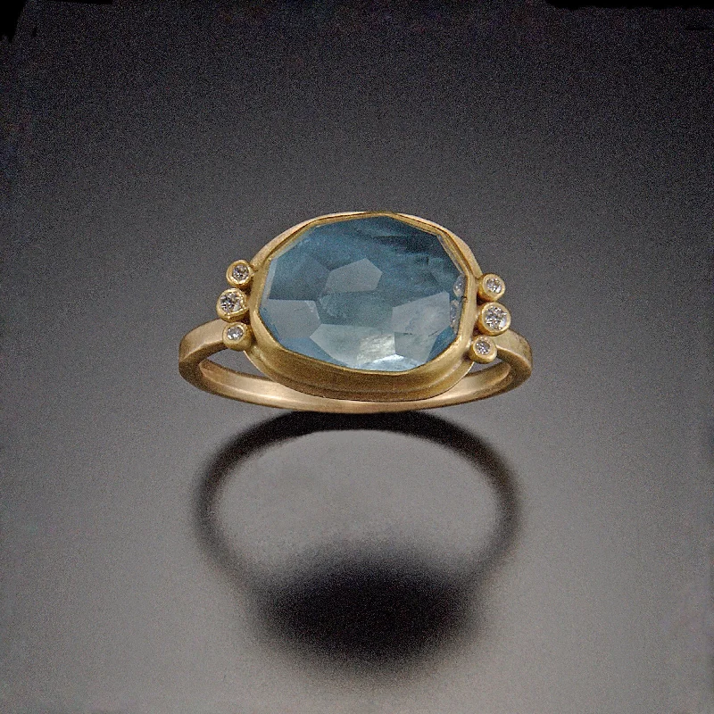 large statement gemstone ring -Rose Cut Aquamarine Ring with Six Diamonds